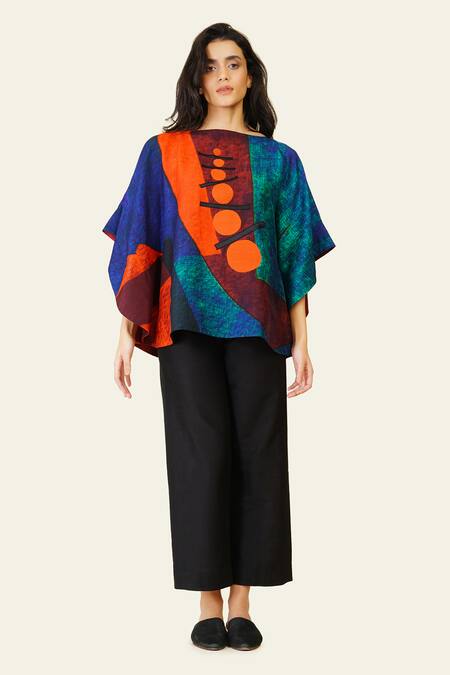 Buy Taika By Poonam Bhagat Multi Color Silk Embroidery Boat Neck Multicolor Geometric Top Online at Aza Fashions Buy_Taika By Poonam Bhagat_Multi Color Silk Embroidery Boat Neck Multicolor Geometric Top _Online_at_Aza_Fashions