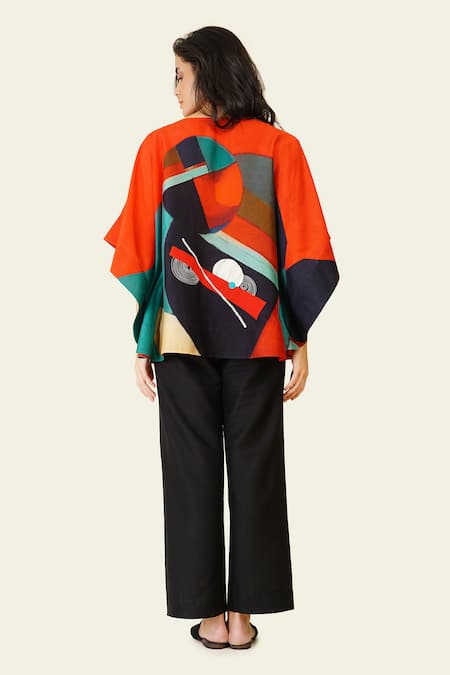 Shop Taika By Poonam Bhagat Multi Color Silk Boat Neck Circular Print Multicolor Top at Aza Fashions Shop_Taika By Poonam Bhagat_Multi Color Silk Boat Neck Circular Print Multicolor Top _at_Aza_Fashions