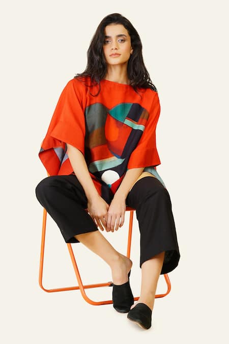 Taika By Poonam Bhagat Multi Color Silk Boat Neck Circular Print Multicolor Top Online at Aza Fashions Taika By Poonam Bhagat_Multi Color Silk Boat Neck Circular Print Multicolor Top _Online_at_Aza_Fashions