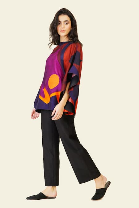 Shop Taika By Poonam Bhagat Multi Color Silk Embroidery Boat Neck Multicolor Abstract Print Top at Aza Fashions Shop_Taika By Poonam Bhagat_Multi Color Silk Embroidery Boat Neck Multicolor Abstract Print Top _at_Aza_Fashions