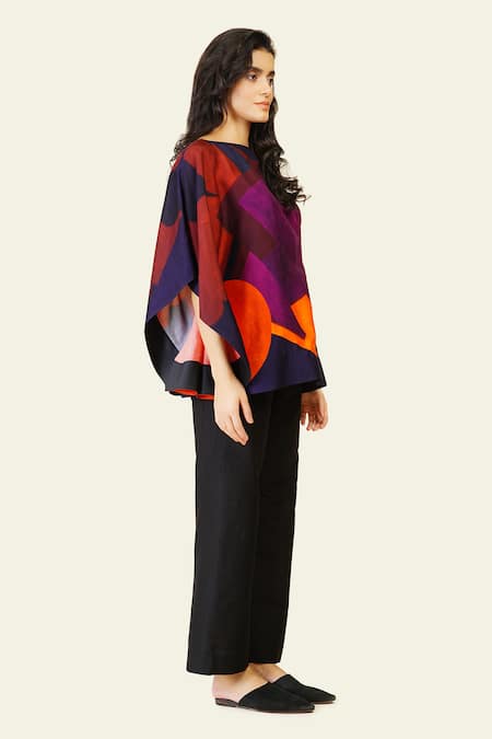 Taika By Poonam Bhagat Multi Color Silk Embroidery Boat Neck Multicolor Abstract Print Top Online at Aza Fashions Taika By Poonam Bhagat_Multi Color Silk Embroidery Boat Neck Multicolor Abstract Print Top _Online_at_Aza_Fashions