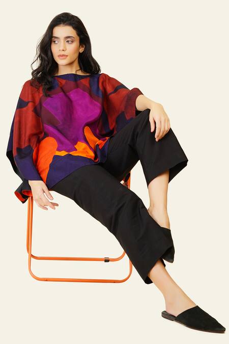 Buy Taika By Poonam Bhagat Multi Color Silk Embroidery Boat Neck Multicolor Abstract Print Top Online at Aza Fashions Buy_Taika By Poonam Bhagat_Multi Color Silk Embroidery Boat Neck Multicolor Abstract Print Top _Online_at_Aza_Fashions
