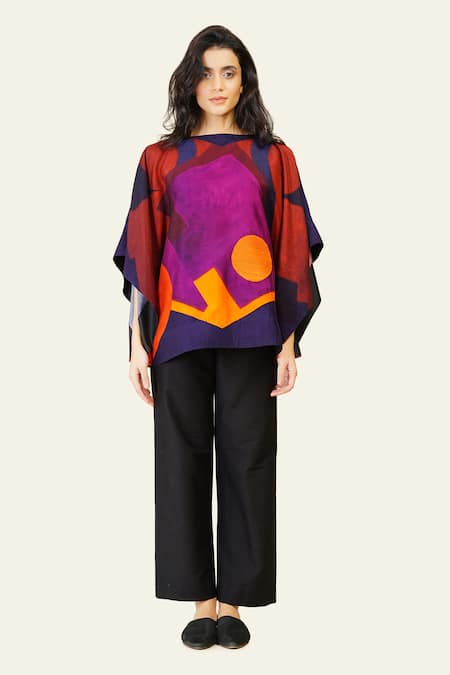 Shop Taika By Poonam Bhagat Multi Color Silk Embroidery Boat Neck Multicolor Abstract Print Top Online at Aza Fashions Shop_Taika By Poonam Bhagat_Multi Color Silk Embroidery Boat Neck Multicolor Abstract Print Top _Online_at_Aza_Fashions