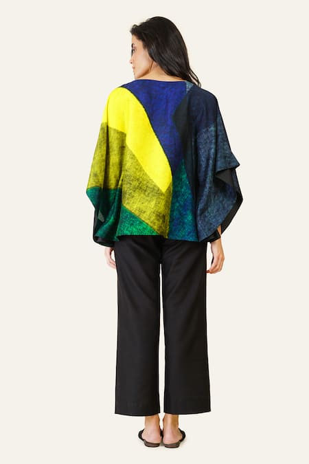 Shop_Taika By Poonam Bhagat_Multi Color Silk Boat Neck Abstract Print Flared Sleeve Top _at_Aza_Fashions
