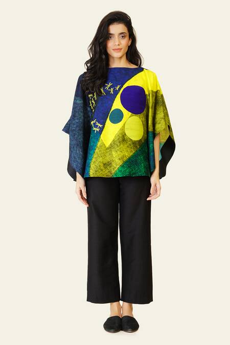 Taika By Poonam Bhagat_Multi Color Silk Boat Neck Abstract Print Flared Sleeve Top _Online_at_Aza_Fashions