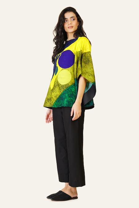 Buy_Taika By Poonam Bhagat_Multi Color Silk Boat Neck Abstract Print Flared Sleeve Top _Online_at_Aza_Fashions