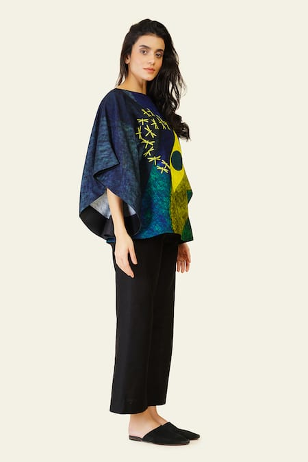 Shop_Taika By Poonam Bhagat_Multi Color Silk Boat Neck Abstract Print Flared Sleeve Top _Online_at_Aza_Fashions
