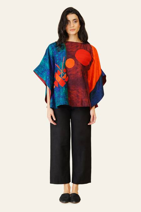Taika By Poonam Bhagat_Multi Color Silk Embroidery Boat Neck Geometric Print Top _Online_at_Aza_Fashions