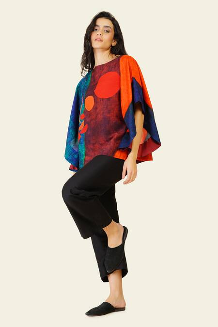 Buy_Taika By Poonam Bhagat_Multi Color Silk Embroidery Boat Neck Geometric Print Top _Online_at_Aza_Fashions