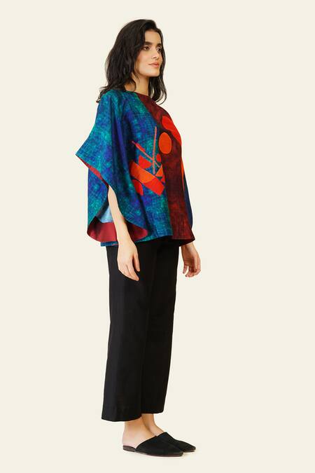 Shop_Taika By Poonam Bhagat_Multi Color Silk Embroidery Boat Neck Geometric Print Top _Online_at_Aza_Fashions