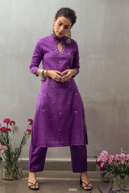 Shop Gulaal Purple Cotton Satin Mirrors Mandarin Collar Work Kurta Pant Set at Aza Fashions Shop_Gulaal_Purple Cotton Satin Mirrors Mandarin Collar Work Kurta Pant Set_at_Aza_Fashions