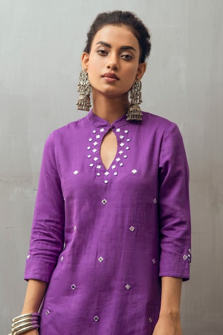 Gulaal Purple Cotton Satin Mirrors Mandarin Collar Work Kurta Pant Set Online at Aza Fashions Gulaal_Purple Cotton Satin Mirrors Mandarin Collar Work Kurta Pant Set_Online_at_Aza_Fashions