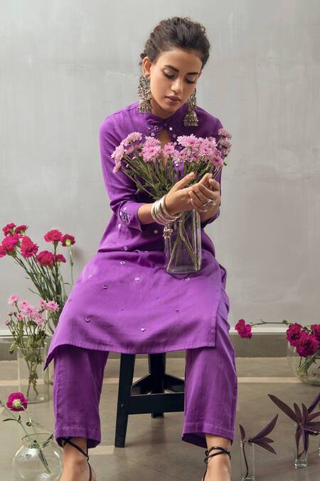 Buy Gulaal Purple Cotton Satin Mirrors Mandarin Collar Work Kurta Pant Set Online at Aza Fashions Buy_Gulaal_Purple Cotton Satin Mirrors Mandarin Collar Work Kurta Pant Set_Online_at_Aza_Fashions