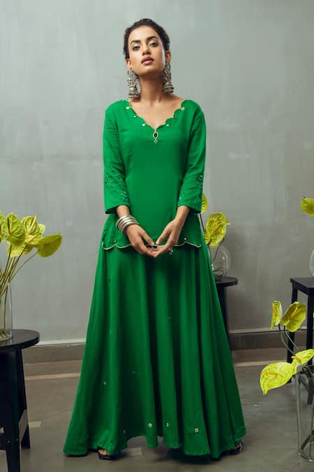 Shop_Gulaal_Green Cotton Satin Mirrors Scoop Neck Embroidered Top And Skirt Set _at_Aza_Fashions