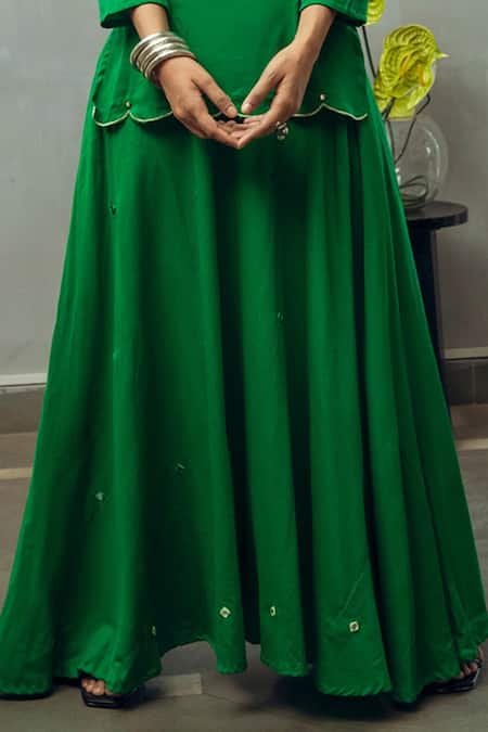 Gulaal_Green Cotton Satin Mirrors Scoop Neck Embroidered Top And Skirt Set _Online_at_Aza_Fashions