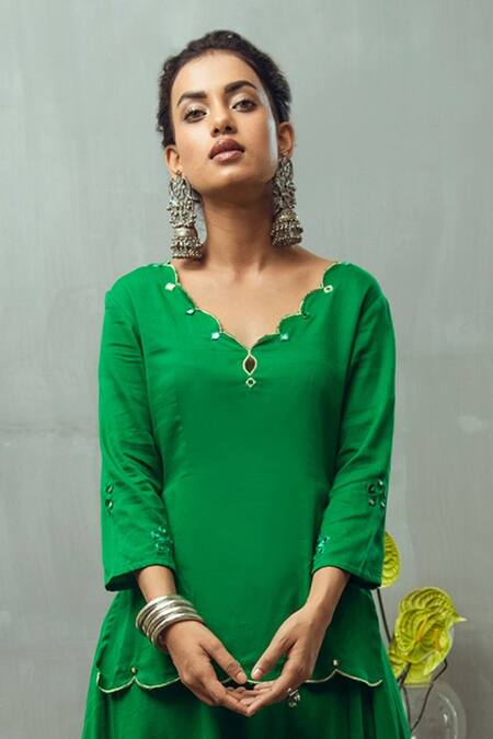 Buy_Gulaal_Green Cotton Satin Mirrors Scoop Neck Embroidered Top And Skirt Set _Online_at_Aza_Fashions