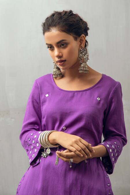 Shop_Gulaal_Purple Cotton Satin Mirrors Round Neck Embroidered Kurta And Pant Set_at_Aza_Fashions