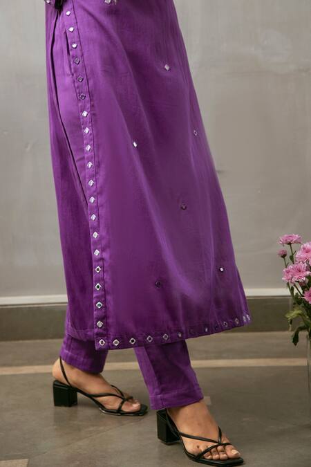 Gulaal_Purple Cotton Satin Mirrors Round Neck Embroidered Kurta And Pant Set_Online_at_Aza_Fashions