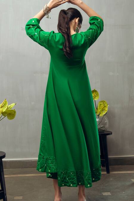 Shop_Gulaal_Green Cotton Satin Embroidery Mirror Notched Neck Flared Midi Dress_at_Aza_Fashions