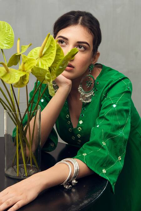 Gulaal_Green Cotton Satin Embroidery Mirror Notched Neck Flared Midi Dress_Online_at_Aza_Fashions