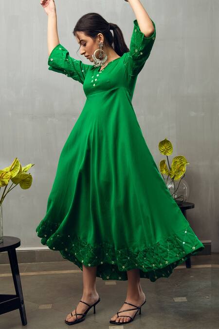 Shop_Gulaal_Green Cotton Satin Embroidery Mirror Notched Neck Flared Midi Dress_Online_at_Aza_Fashions