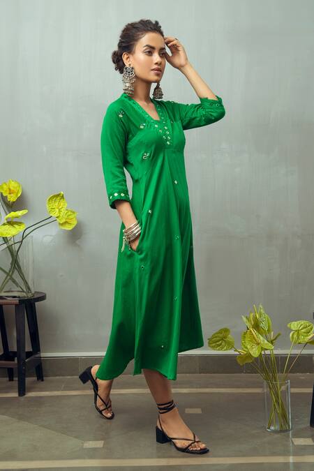 Shop Gulaal Green Cotton Satin Embroidery Mirror V Neck Fit And Flare Midi Dress at Aza Fashions Shop_Gulaal_Green Cotton Satin Embroidery Mirror V Neck Fit And Flare Midi Dress_at_Aza_Fashions