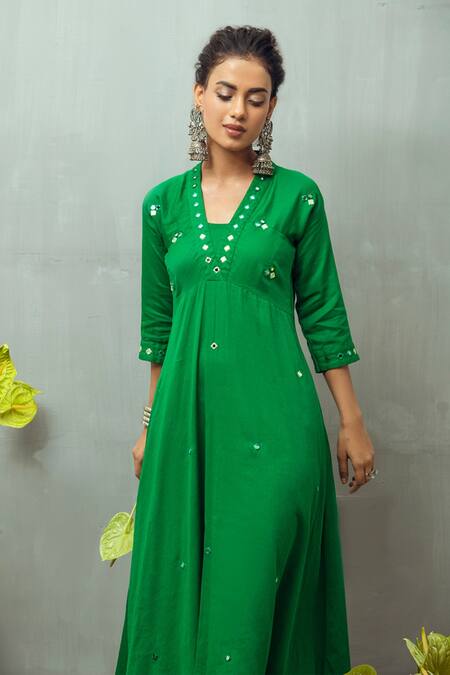 Gulaal Green Cotton Satin Embroidery Mirror V Neck Fit And Flare Midi Dress Online at Aza Fashions Gulaal_Green Cotton Satin Embroidery Mirror V Neck Fit And Flare Midi Dress_Online_at_Aza_Fashions
