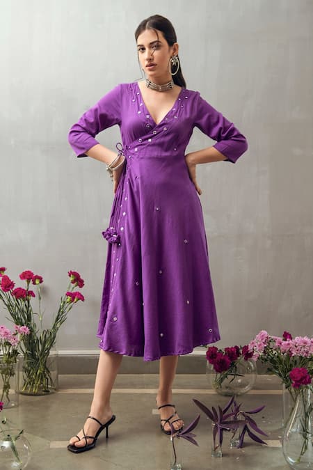 Gulaal Purple Mirror Embroidered Midi Dress 