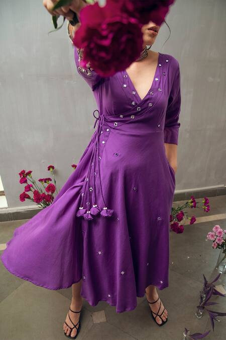 Gulaal_Purple Cotton Satin Embroidery Mirror V Neck Midi Dress_Online_at_Aza_Fashions