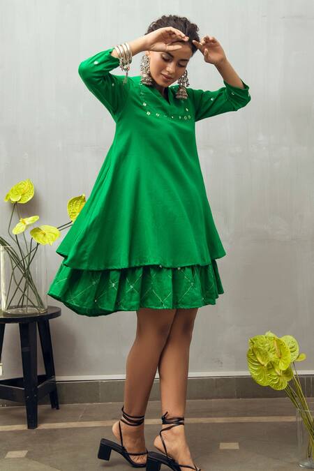 Gulaal_Green Cotton Satin Embroidery Mirror Stand Collar V Neck Double Layered Dress_Online_at_Aza_Fashions