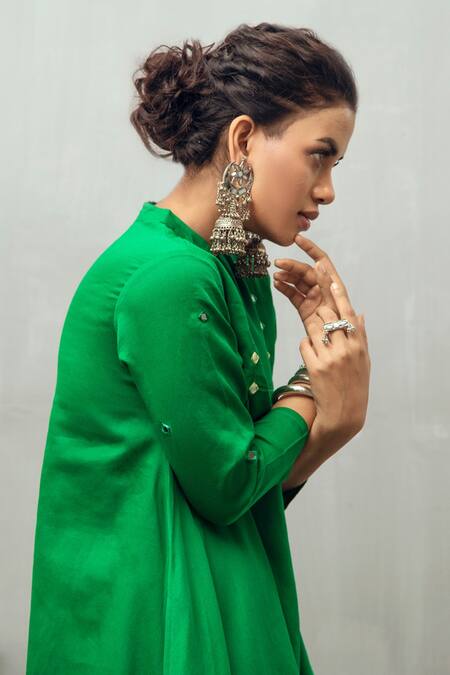 Buy_Gulaal_Green Cotton Satin Embroidery Mirror Stand Collar V Neck Double Layered Dress_Online_at_Aza_Fashions