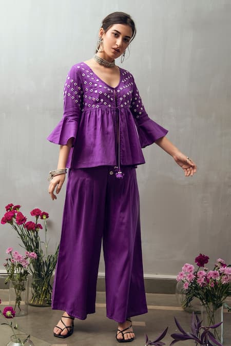 Gulaal Purple Mirror Embroidered Top & Flared Pant 