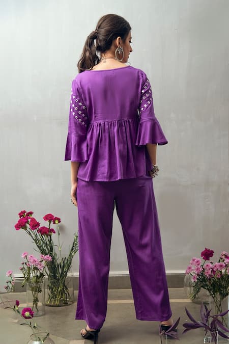 Shop_Gulaal_Purple Cotton Satin Mirrors V-neck Embroidered Top And Flared Pant_at_Aza_Fashions