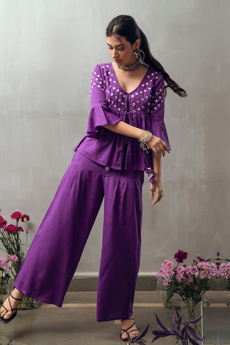 Gulaal_Purple Cotton Satin Mirrors V-neck Embroidered Top And Flared Pant_Online_at_Aza_Fashions