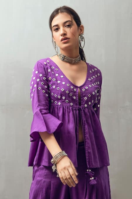 Buy_Gulaal_Purple Cotton Satin Mirrors V-neck Embroidered Top And Flared Pant_Online_at_Aza_Fashions
