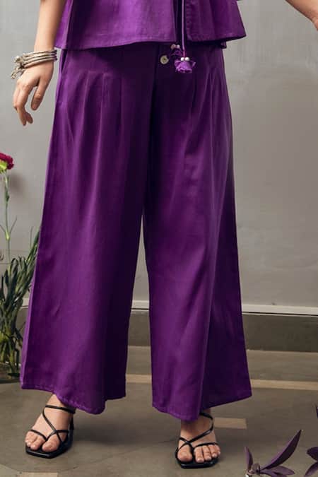Shop_Gulaal_Purple Cotton Satin Mirrors V-neck Embroidered Top And Flared Pant_Online_at_Aza_Fashions