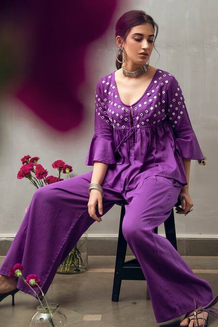 Gulaal_Purple Cotton Satin Mirrors V-neck Embroidered Top And Flared Pant_at_Aza_Fashions