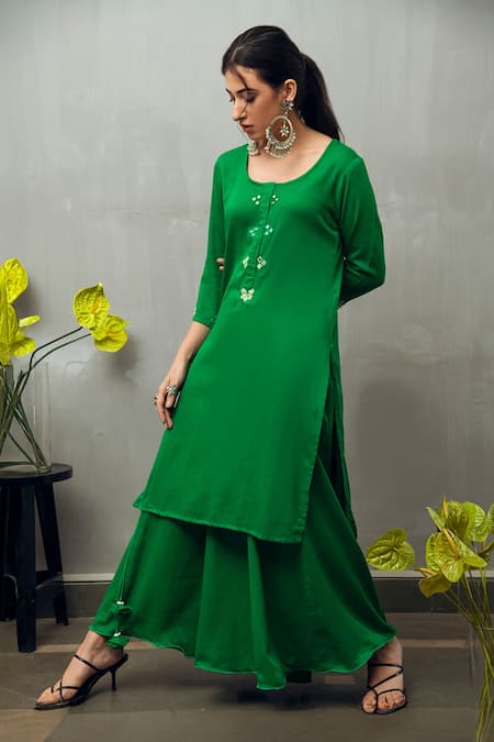 Shop_Gulaal_Green Cotton Satin Mirrors, Zari Scoop Neck Embroidered Kurta Set _Online_at_Aza_Fashions