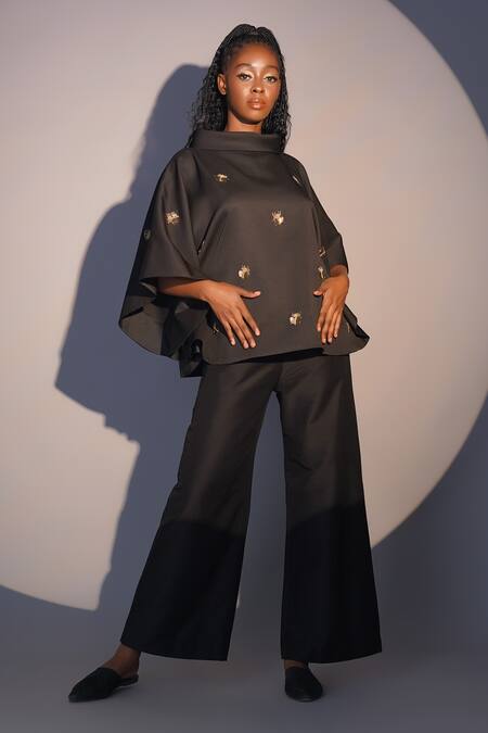 Buy_Taika By Poonam Bhagat_Black Crepe Sequins, Beads Cowl Neck Beetle Hand Embroidered Kimono Top 