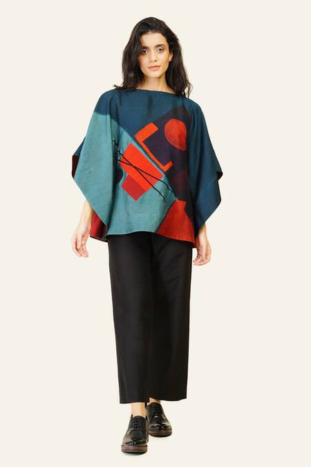 Taika By Poonam Bhagat Multi Color Silk Embroidery Boat Neck Multicolor Abstract Print Top at Aza Fashions Taika By Poonam Bhagat_Multi Color Silk Embroidery Boat Neck Multicolor Abstract Print Top _at_Aza_Fashions