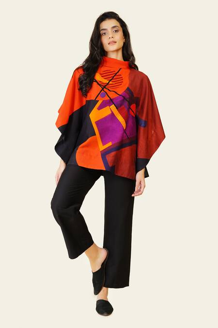 Taika By Poonam Bhagat Multi Color Silk Embroidery Cowl Neck Multicolor Geometric Shape Print Top at Aza Fashions Taika By Poonam Bhagat_Multi Color Silk Embroidery Cowl Neck Multicolor Geometric Shape Print Top _at_Aza_Fashions