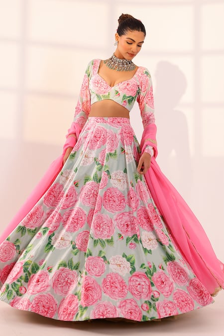 Sanam_Mint Velvet Embroidery, Lace Sweetheart Neck Rose Print Lehenga Set _Online_at_Aza_Fashions