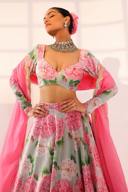Buy_Sanam_Mint Velvet Embroidery, Lace Sweetheart Neck Rose Print Lehenga Set _Online_at_Aza_Fashions