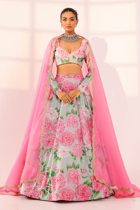 Shop_Sanam_Mint Velvet Embroidery, Lace Sweetheart Neck Rose Print Lehenga Set _Online_at_Aza_Fashions