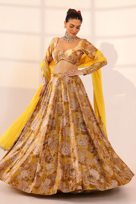 Buy_Sanam_Gold Velvet Lace, Embroidery Sweetheart Neck Botanical Print Lehenga Set _Online_at_Aza_Fashions