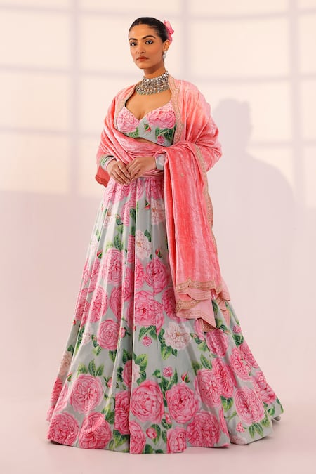 Sanam_Green Velvet Pearls, Sequins, Fabric Flowers Floral Printed Lehenga Set _Online_at_Aza_Fashions