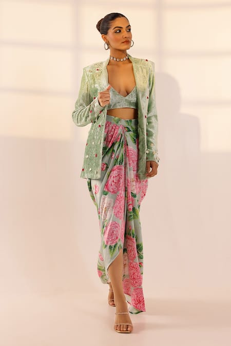 Buy Sanam Green Velvet, Silk Pearls, Stones, Floral Print Coin Embellished Blazer Set Online at Aza Fashions Buy_Sanam_Green Velvet, Silk Pearls, Stones, Floral Print Coin Embellished Blazer Set _Online_at_Aza_Fashions
