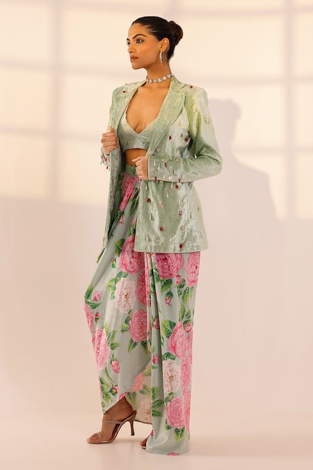 Shop Sanam Green Velvet, Silk Pearls, Stones, Floral Print Coin Embellished Blazer Set Online at Aza Fashions Shop_Sanam_Green Velvet, Silk Pearls, Stones, Floral Print Coin Embellished Blazer Set _Online_at_Aza_Fashions