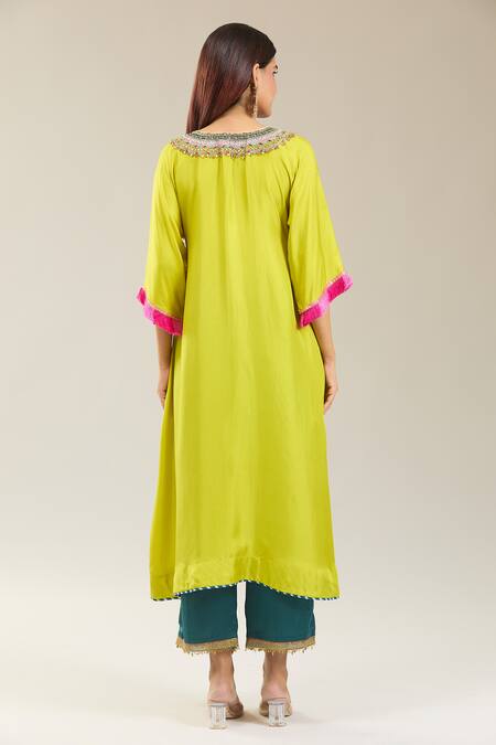 Shop Rajiramniq Green Chiffon Sequins, Beads, Tassels, Embroidery V-neck Kurta Pant Set at Aza Fashions Shop_Rajiramniq_Green Chiffon Sequins, Beads, Tassels, Embroidery V-neck Kurta Pant Set_at_Aza_Fashions