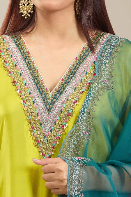 Buy Rajiramniq Green Chiffon Sequins, Beads, Tassels, Embroidery V-neck Kurta Pant Set Online at Aza Fashions Buy_Rajiramniq_Green Chiffon Sequins, Beads, Tassels, Embroidery V-neck Kurta Pant Set_Online_at_Aza_Fashions